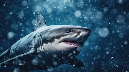 Naklejka premium Great White Shark in a Snowy Underwater Scene