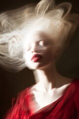 Ethereal portrait of woman in motion with flowing hair and red dress