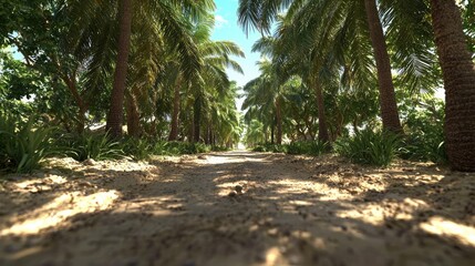 Obraz premium Sunny path through tropical palm trees; vacation paradise