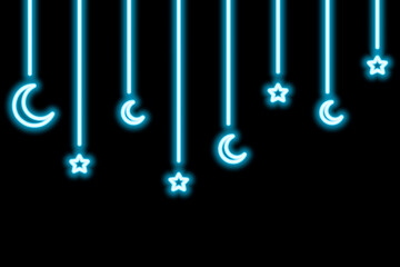 Crescent and star. Neon. Hanging sparkling blue decoration for Ramadan. Festive garland on threads of different lengths. Color vector illustration. Isolated black background. Idea for web design.