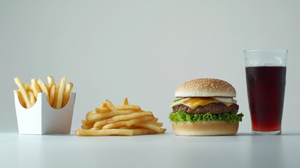 premium burger meal arrangement, crispy potato fries, effervescent soda glass, branded paper container, neutral grey backdrop, water droplet texture, vibrant vegetable elements, layered burger