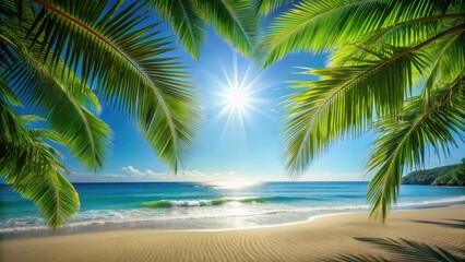 A serene summer day at a beautiful beach with a clear blue sky and warm sunlight filtering through coconut leaves , Summer Beach, Sunshine