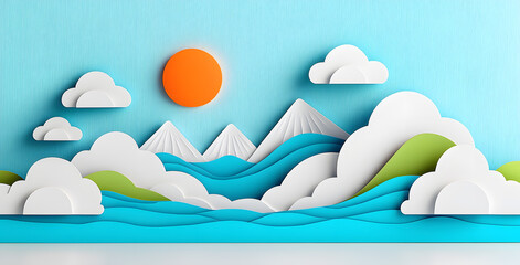 Landscape with mountains and sea waves in paper cut style