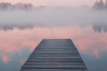 misty dawn at rustic wooden pier, mirror-like lake surface reflecting pastel sky, ethereal atmosphere with minimal composition