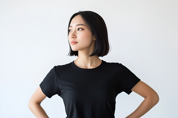 Obraz premium Confident Woman in Black T-shirt: A young Asian woman with short black hair, exudes confidence and poise. She stands with her hands on her hips.