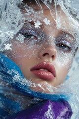 Winter makeup artistry with icy glamour and frozen beauty close-up portrait