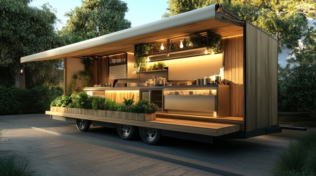 luxury mobile restaurant render, classic canvas valance, butcher block serving area, warm kitchen lighting, modern culinary equipment, rustic wood interior, living plant showcase, organized cooking