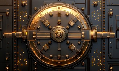 Closeup of Intricate Bank Vault Door with Golden Metallic Details and Bolts Illuminated by Low Light in Secure Financial Institution, Generative AI