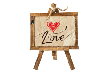A charming wooden easel displays a heartfelt love message with a red heart symbol against a simple white background isolated on transparent background