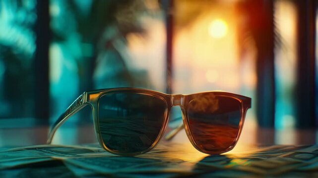 Stylish Sunglasses Resting on a Pile of Cash at Sunset Near Tropical Palm Trees. Generative AI