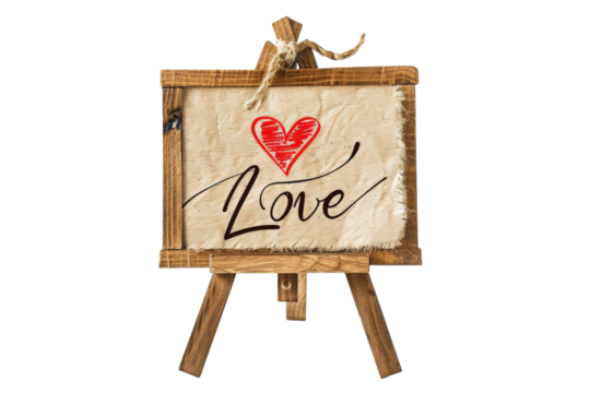 A charming wooden easel displays a heartfelt love message with a red heart symbol against a simple white background isolated on transparent background