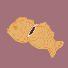Flat-style illustration of taiyaki or punnopan , a popular fish-shaped pastry filled with sweet red bean paste. Perfect for food-related designs, icons, bakery themes, and Asian dessert promotions.
