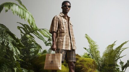 Fashionable man with shopping bag amidst tropical greenery and moss-laden landscape