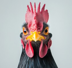Captivating Close-Up Portrait of a Majestic Rooster with Striking Red Comb and Vibrant Orange Eyes, Showcasing Intricate Feather Details Against a Soft Background
