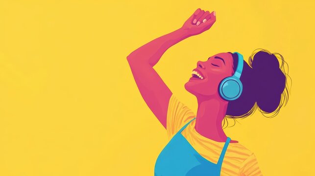 Joyful young women in wireless headphones and enjoy music, having fun, listening to music, raising his arm, dancing to favorite song, enjoying cool soundtrack, happy life