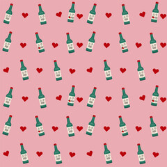Flat-style seamless pattern featuring soju bottles and red hearts on a pink background. Perfect for designs celebrating Korean culture, love-themed events, or unique branding projects.