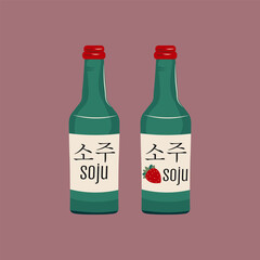 Flat-style illustration of classic and strawberry soju bottles. Perfect for Korean culture projects, bar menus, or alcohol-related designs with a minimalist aesthetic.