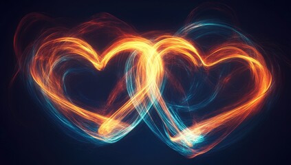 Heart-Shaped Fire with Two Fiery Neon Hearts Glowing Brightly on Black Background, Intertwined Love for Valentine's Day