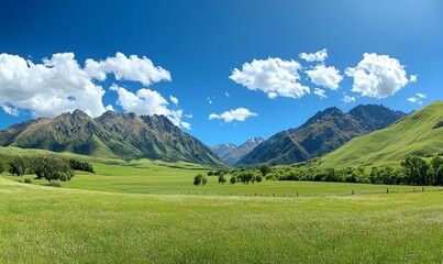 Panoramic Landscape of Lush Green Field with Mountain Range Under Blue Sky and Clouds on a Sunny Day, Ideal for Nature Enthusiasts and Landscape Photography Searches, Generative AI
