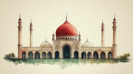 Fototapeta premium Grand mosque, red dome, tall minarets, serene reflection.