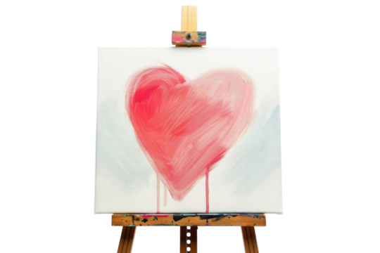 A vibrant heart painting on an easel captures the essence of love and creativity in a bright, uncluttered studio space isolated on transparent background