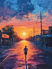 Fototapeta premium Runner silhouettes sunset street city postcard