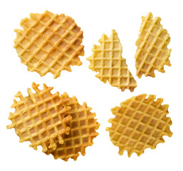 Set of waffles and halves on white background. Isolated