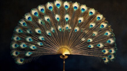 Beautiful peacock feather fan with a golden handle. Isolated on a black background