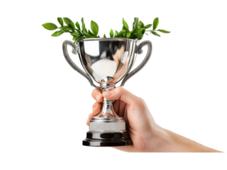 Hand Holding Trophy with Green Leaves Decoration