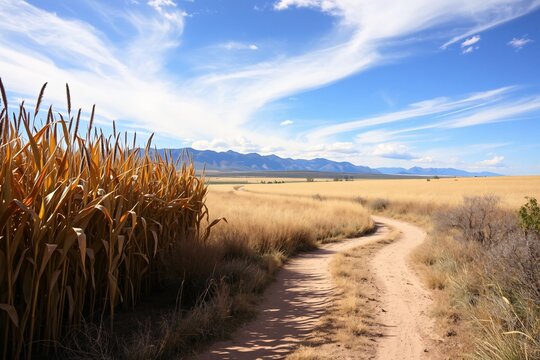 A winding dirt road stretches through dry corn fields under bright blue skies