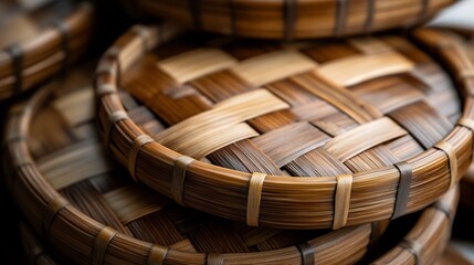 Obraz premium Close-up of Stacked Woven Bamboo Trays: Intricate Craftsmanship and Natural Texture