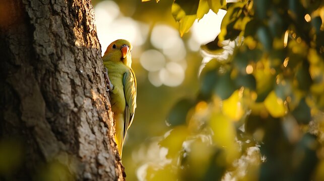 Cockatiel climbs up against a tree bark and is peeking around