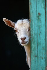 Charming White Goat Peeking from Wooden Door with Soft Expression and Unique Features, Capturing the Playfulness and Innocence of Farm Animals in a Rustic Setting