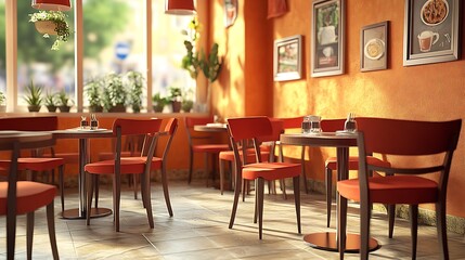 Coffee shop restaurant with orange furniture tables and chairs for guests