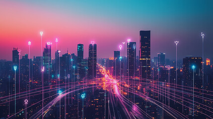 Fototapeta premium Abstract business woman stands on Smart digital Innovation city with connection network reciprocity over the twilight cityscape. of future wireless digital city and social media networking systems