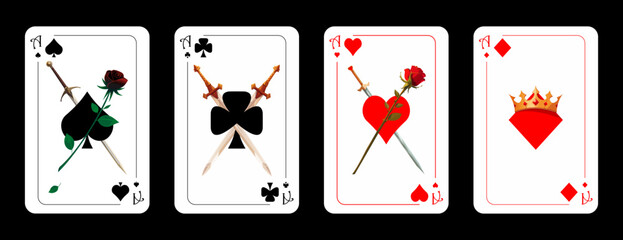 Set of playing cards aces of different suits in original cartoon style. Original design of playing cards. Vector illustration