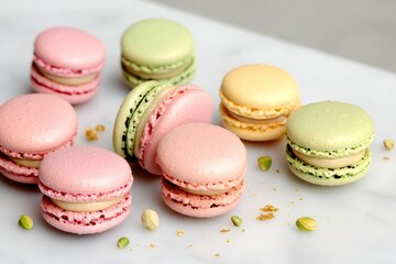 Fototapeta premium Delicate macarons in pastel colors arranged on marble surface wi