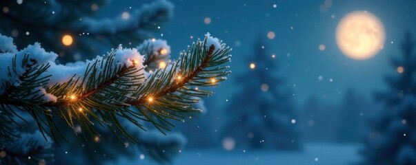 Sparkling fairy lights dance across a frost-covered pine branch under soft moonlight and twinkling stars, glowing pine trees, , winter wonderland
