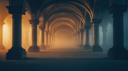 Mysterious arched corridor with atmospheric fog and warm golden lighting