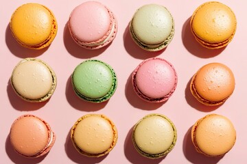 Fototapeta premium Colorful macarons arranged neatly on soft pink background create