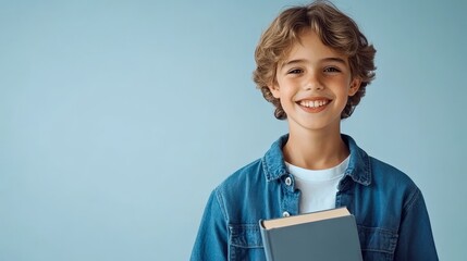 Obraz premium Smiling boy absorbed in a book, journey into reading and imagination 