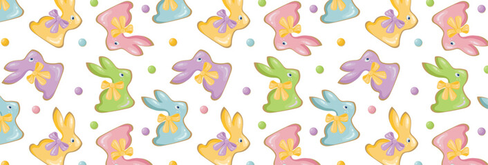 Pattern of easter bunnies with bows and sweet pea sprinkles. Religious holiday happy easter. Festive seamless background with gingerbread bunnies and polka dot. Vector wallpaper for wrapping paper.
