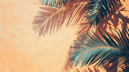 Tropical palm leaves shadow overlay on orange background for product presentation and summer themes