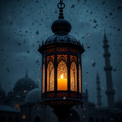 Fototapeta premium Ornate Lantern Glows in Dusk: A Serene Ramadan Scene
