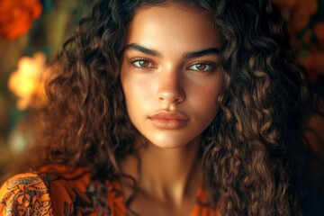Fototapeta premium Commercial digital ads conceptual art. Gorgeous calm mixed-race girl - for ads, magazine ad and social social online ad ad use. Long hairdo - curly hair. Black woman artistic portraits.