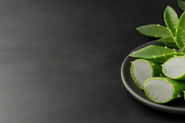 Fresh aloe vera leaves arranged elegantly on dark plate, showcas