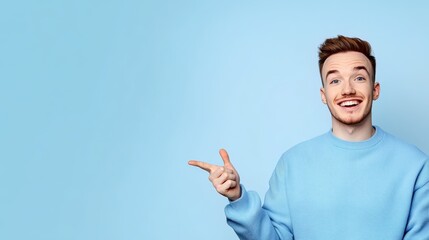 Man in blue sweater makes a point, portrait of idea and communication