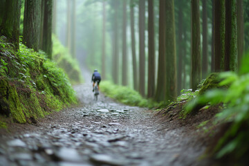 Fototapeta premium A cyclist on a forest trail, the scene is lighted by soft natural light. The weather is cool and slightly foggy. In the background there are dense green trees
