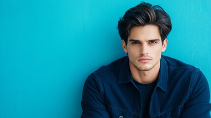 Obraz premium Man leaning against blue wall, a study in casual style and urban portrait photography