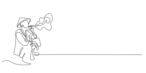 continuous line old man smoking.one line drawing portrait of asian farmer with hat and smoking.single line vector illustration.isolated white background